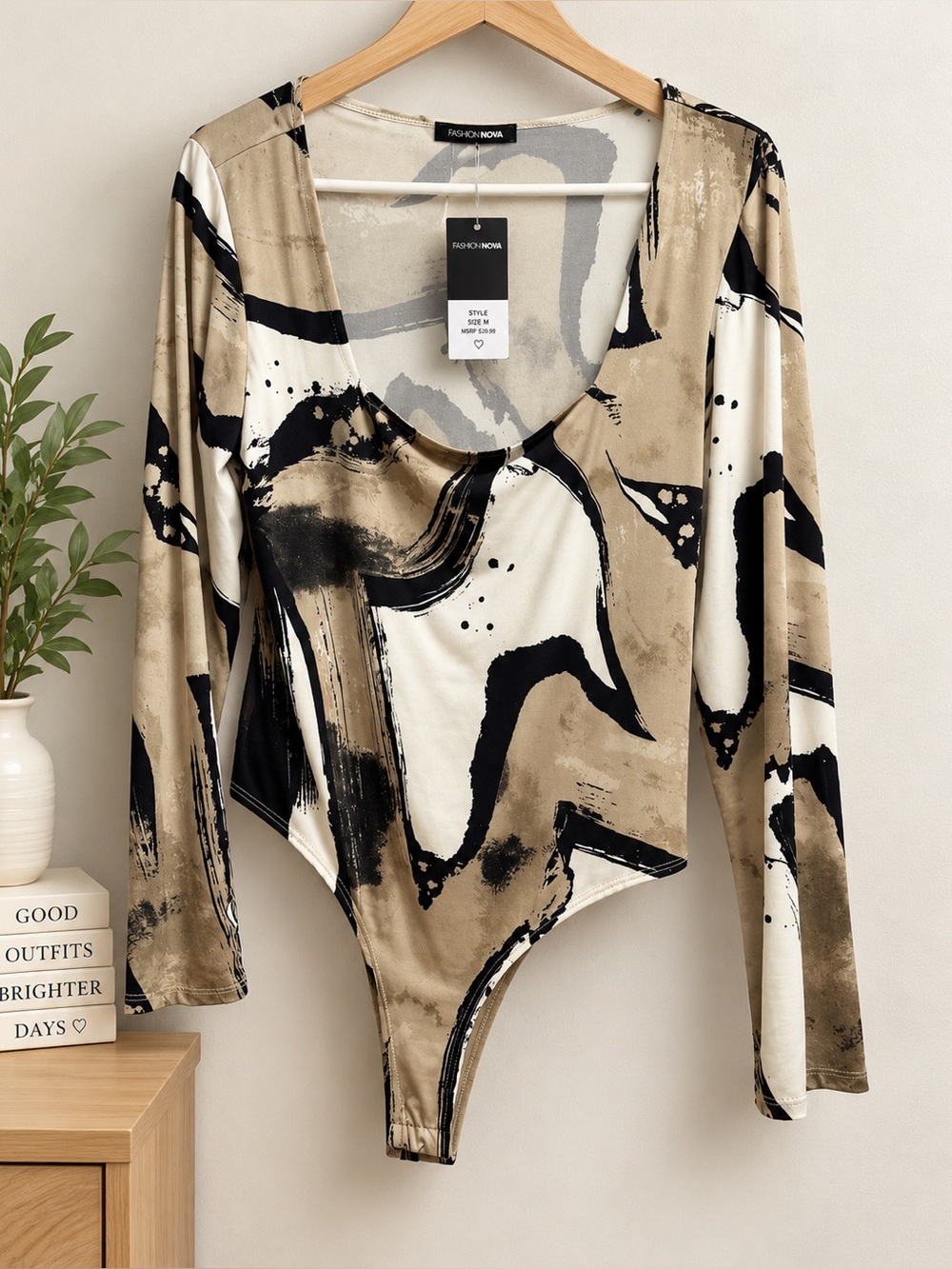 Fashion Nova Abstract Beige, Black & White Long Sleeve Bodysuit